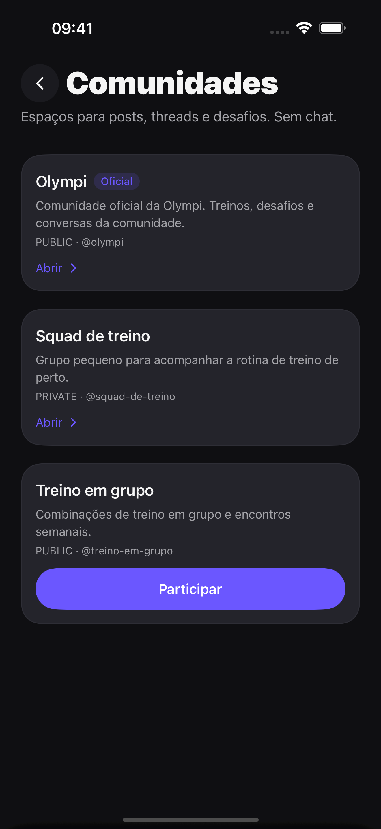 Comunidades no app Olympi