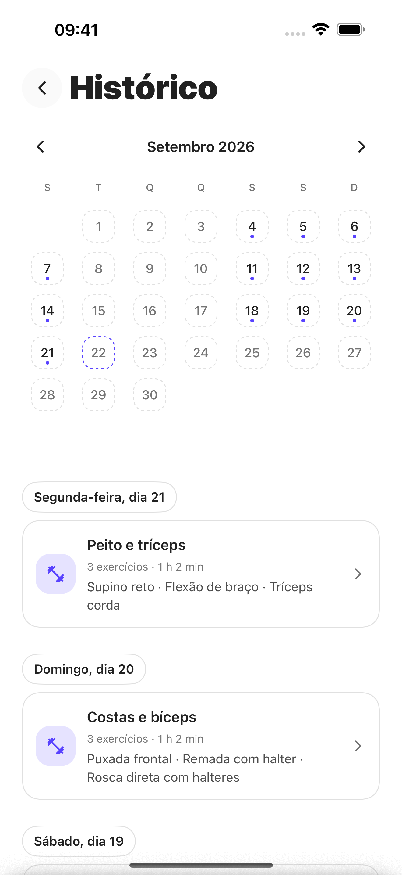 Calendário e histórico de treinos no app Olympi