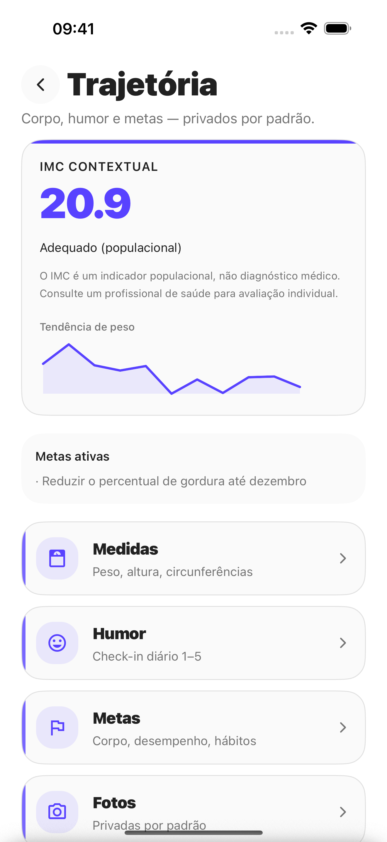 Medidas, humor, metas e fotos na Trajetória do app Olympi